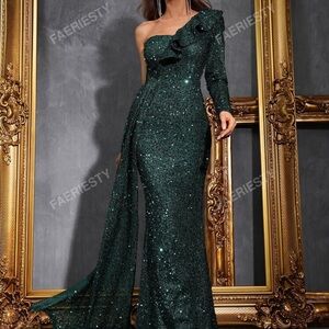 Green Sequin One-Shoulder Dress